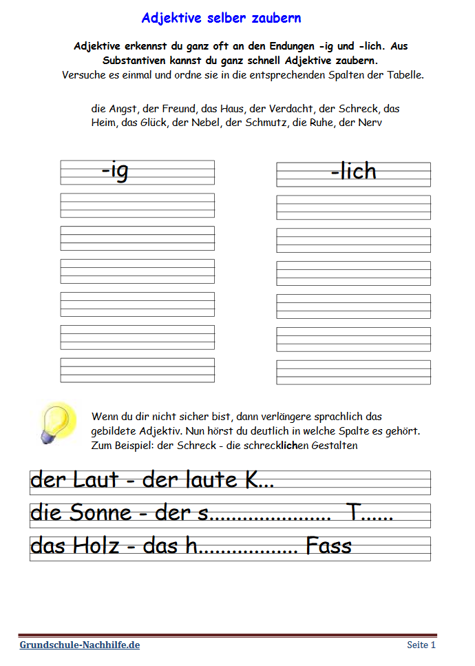 Arbeitsblatt Deutsch Klasse 2,3 Endungen von Adjektiven - grundschule